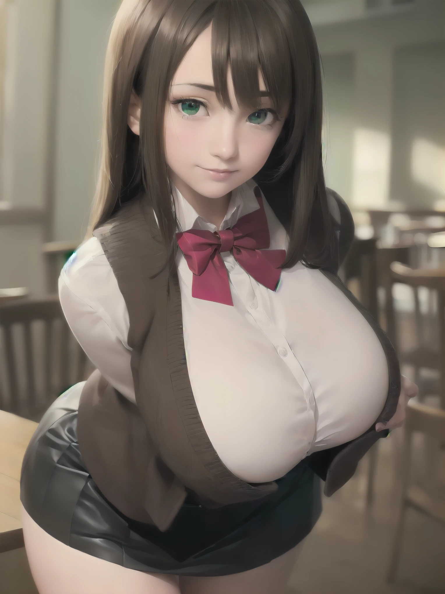 ((Tabletop, highest quality, High resolution, Perfect Pixel, Depth of written boundary, 4K))), One Girl, single, alone, Beautiful Anime Girls, Beautiful art style, Anime characters, ((Long Hair, bangs, Dark brown hair, Curly Hair:0.8)), ((Green Eyes:1.4, Fine grain, Beautiful Eyes, Perfect Eyes,Curled eyelashes, Realistic eyes)), ((Detailed face, Blushing:1.2)), ((Smooth texture:0.75, Realistic texture:0.5, Anime CG Style)), Huge breasts filled with a lot of fat, Dynamic Angle, Big Breasts, Perfect body, Dynamic pose, ((Red bow tie, , Black jacket, Open jacket, Brown cardigan, White shirt, Black Skirt, Checked skirt)), smile, Open your mouth, Put your arms behind your back, Leaning forward, Amalment Park
