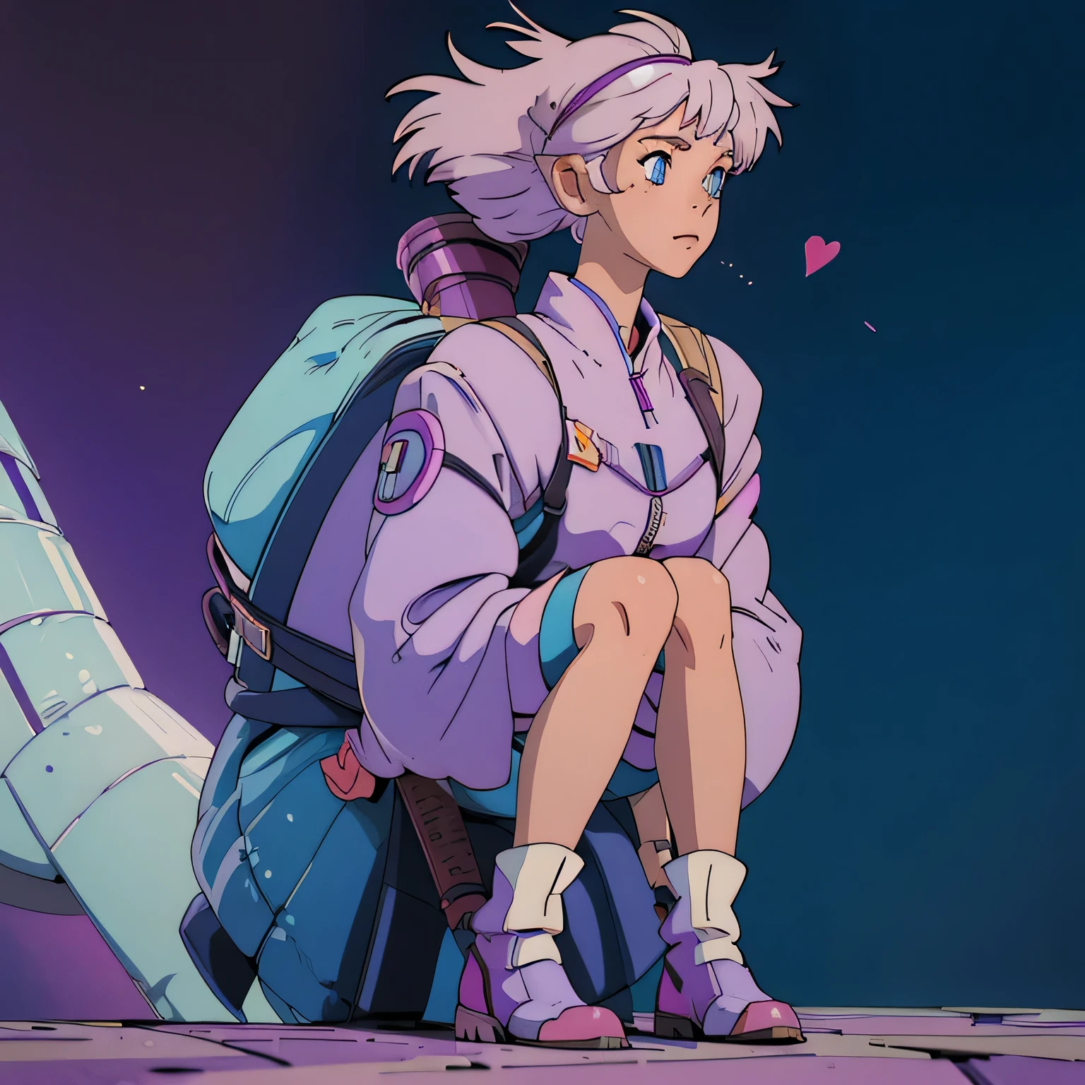 
girl with short white mullet hair.

blue eyes.

her shirt is white, with purple long sleeves. it has cherry design at the center

Her shorts are purple.

Her boots are white.

she has a rocket-shaped backpack.

She has heart-shaped goggles on top of her head 