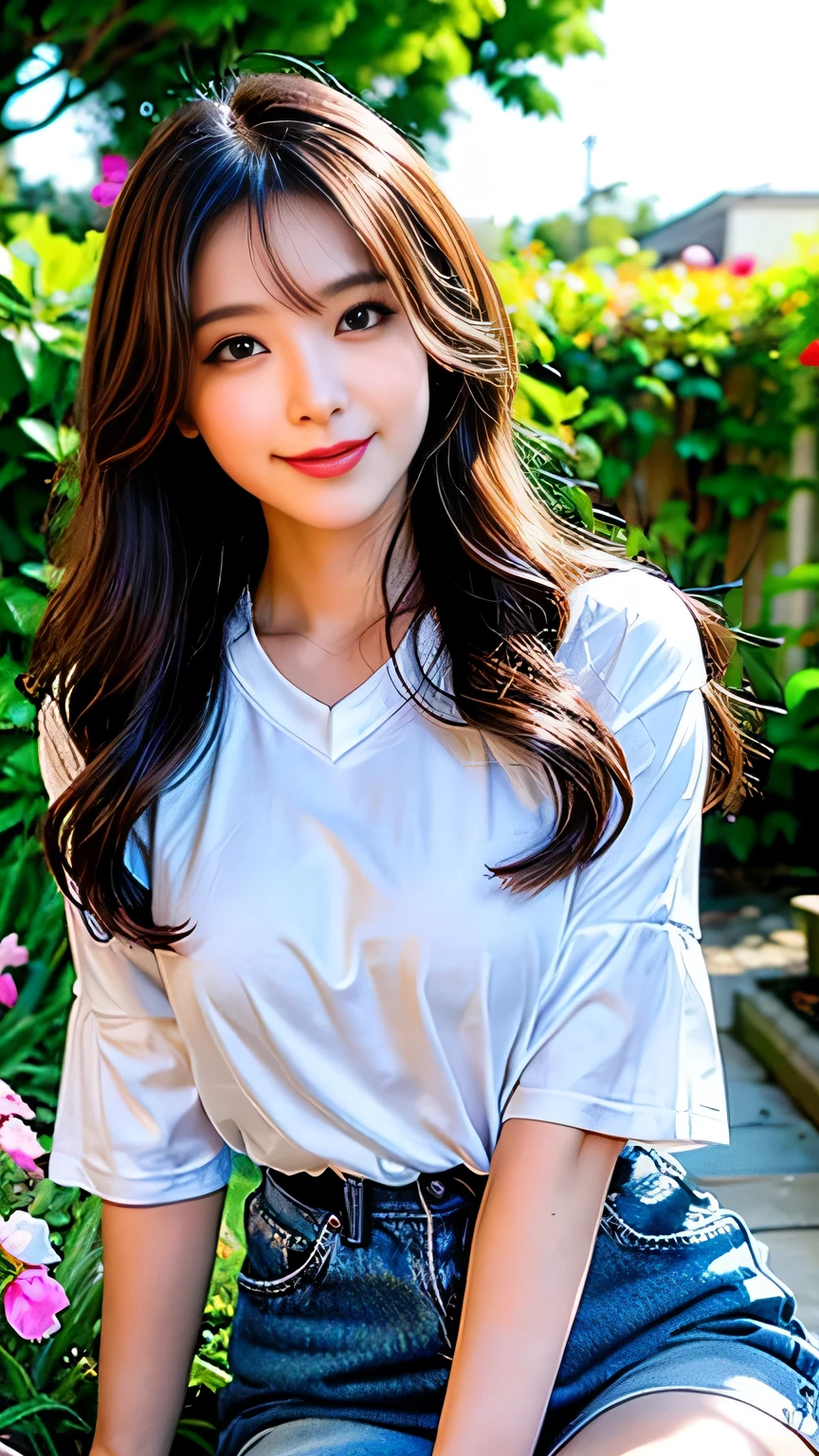 Full Body Angle、((highest quality, 8K, masterpiece: 1.3)), concentrated: 1.2, Cute girl 1,Nipples erect、 Perfect beauty: 1.4,Crisscross V-neck T-shirt, Casual summer short sleeve t-shirt: 1.2,Long sleeve、Randall Color、comics&Text Graphics、Black ruffle-trimmed drawstring zip blouse,1.1, Highly detailed face and skin textures, Fine grain, double eyelid, whitening skin, ,highest quality,Ultra-high resolution,you,1 girl,alone,_Shiny_skin,Iris,necklace,((Brown_length_Wavy_hair)),(lips)),eyelash,Front hair,deal with,compensate,Shiny,pore,skin texture,Large Breasts、smiling face、Front hair、garden、