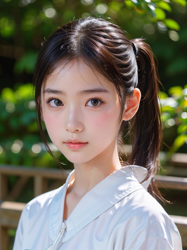 ((SFW: 1.4)), ((SFW, high ponytail, 1 girl)), Ultra-high resolution, (Realistic: 1.4), RAW Photos, highest quality, (PhotoRealistic Stick),Soft Light, ((15 years old)), ((Japanese)), (( (Young Face))), (surface), (Depth of written boundary), masterpiece, (Realistic), woman, bangs, ((1 girl))