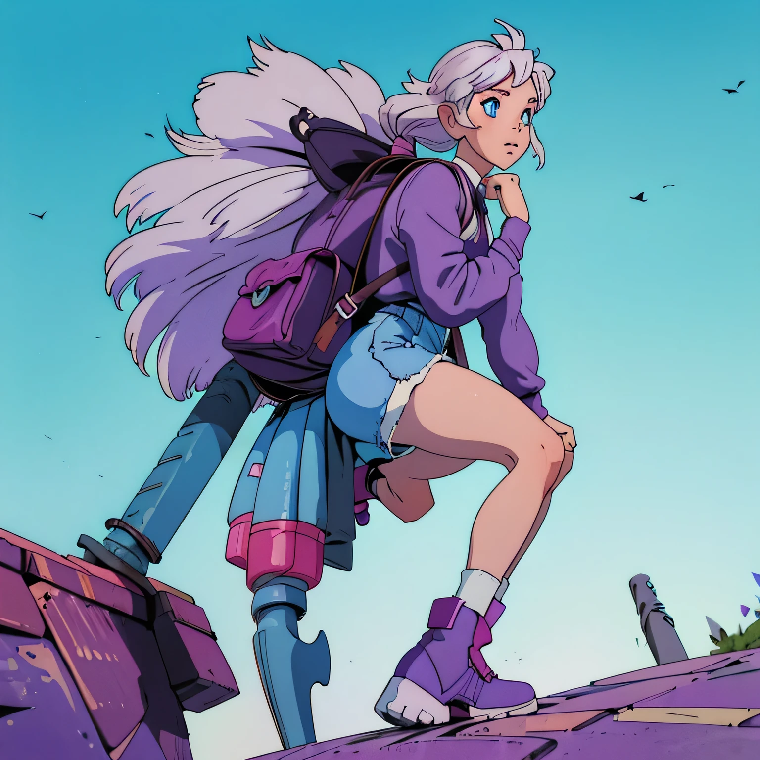 
girl with short white mullet hair.

blue eyes.

her shirt is white, with purple long sleeves. it has cherry design at the center

Her shorts are purple.

Her boots are white.

she has a rocket-shaped backpack.

She has heart-shaped goggles on top of her head 