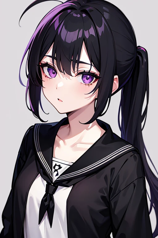 Girl, pale skin, violet eyes, black medium hair, messy ponytail, black  sailor uniform.