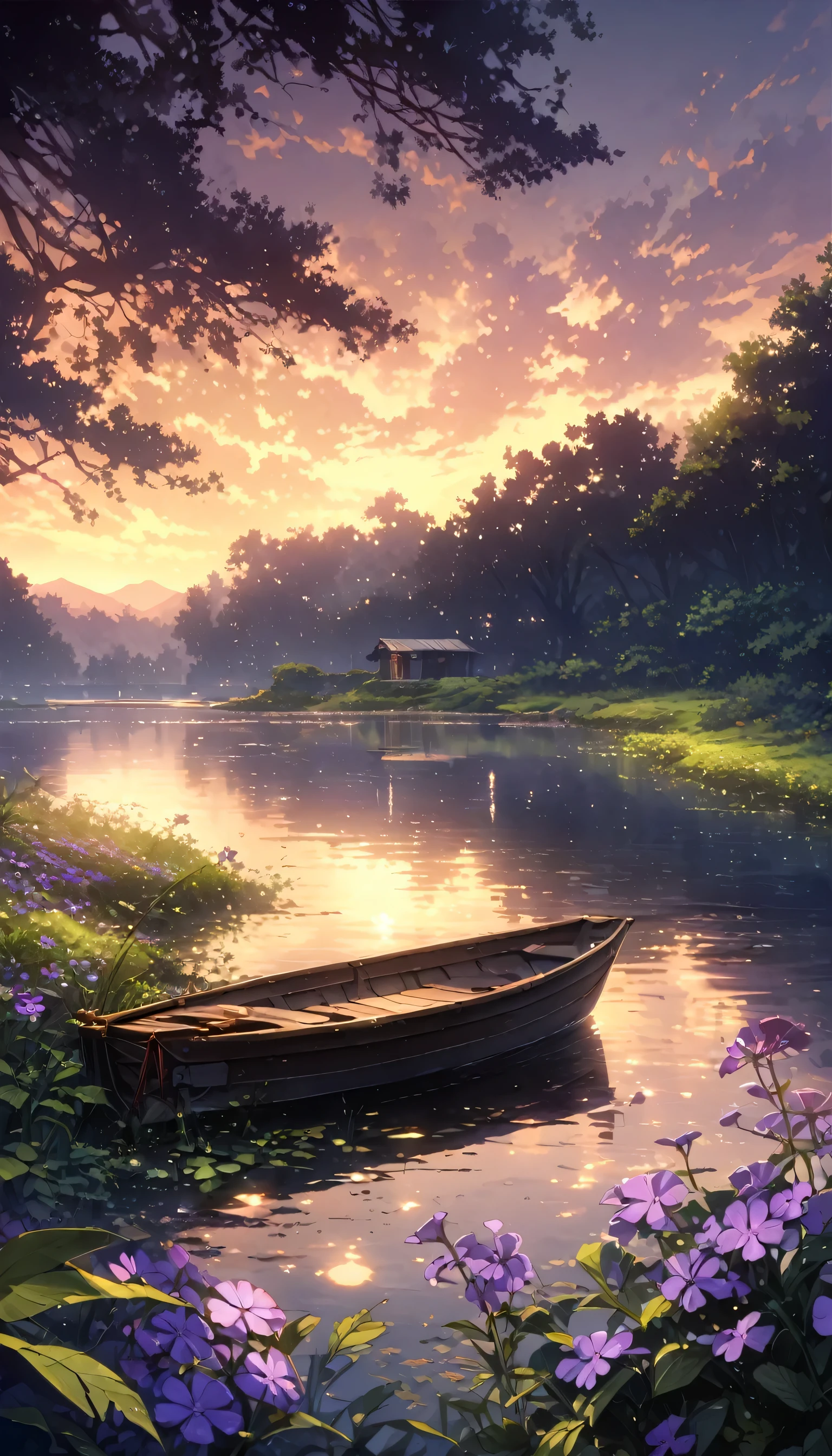 detailed background,( Calm spring night landscape), amongst lush greenery, beautiful view, creeping phlox in full bloom, creeping phlox, early morning, sunrise sky, beautiful clouds, dappled sunlight, outdoor seating, one lamp, Tranquil Lake, Boat on a Lake, depth of field, masterpiece, best quality, ultra-detailed, very aesthetic, illustration, perfect composition, intricate details, absurdres, moody lighting, wisps of light, no humans,