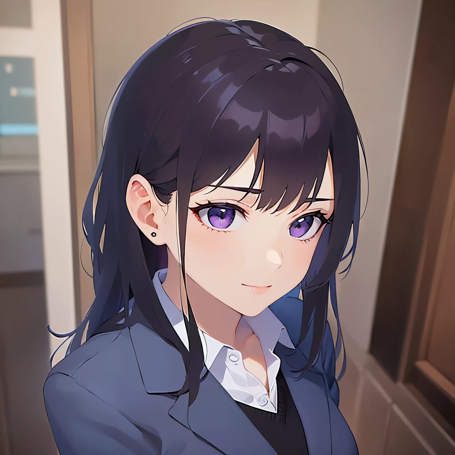 side angle, (looking away:1.5), Upper Body, Realistic, real person, (pale skin: 1.2), RAW photo, photorealistic, shiny skin, shiny hair、(A 25-year-old woman with straight hair and bangs) and (medium hair) and (black hair) and (purple eyes) , (business suit:1.5), smile, Background is an office room、alone、Are standing