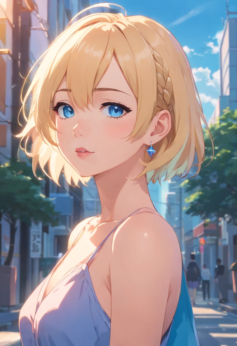 Women, ((Blonde)), ((Blue eyes)), ((Short hair)), ((Full shot)), very detailed makeup, pale pink lipstick, long earrings, bare shoulders, dressed like a tiger. Full body