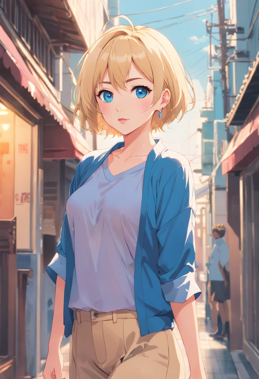  Women, ((Blonde)), ((Blue eyes)), ((Short hair)), ((Full shot)), very detailed makeup, pale pink lipstick, long earrings, bare shoulders, dressed like a tiger. Full body 