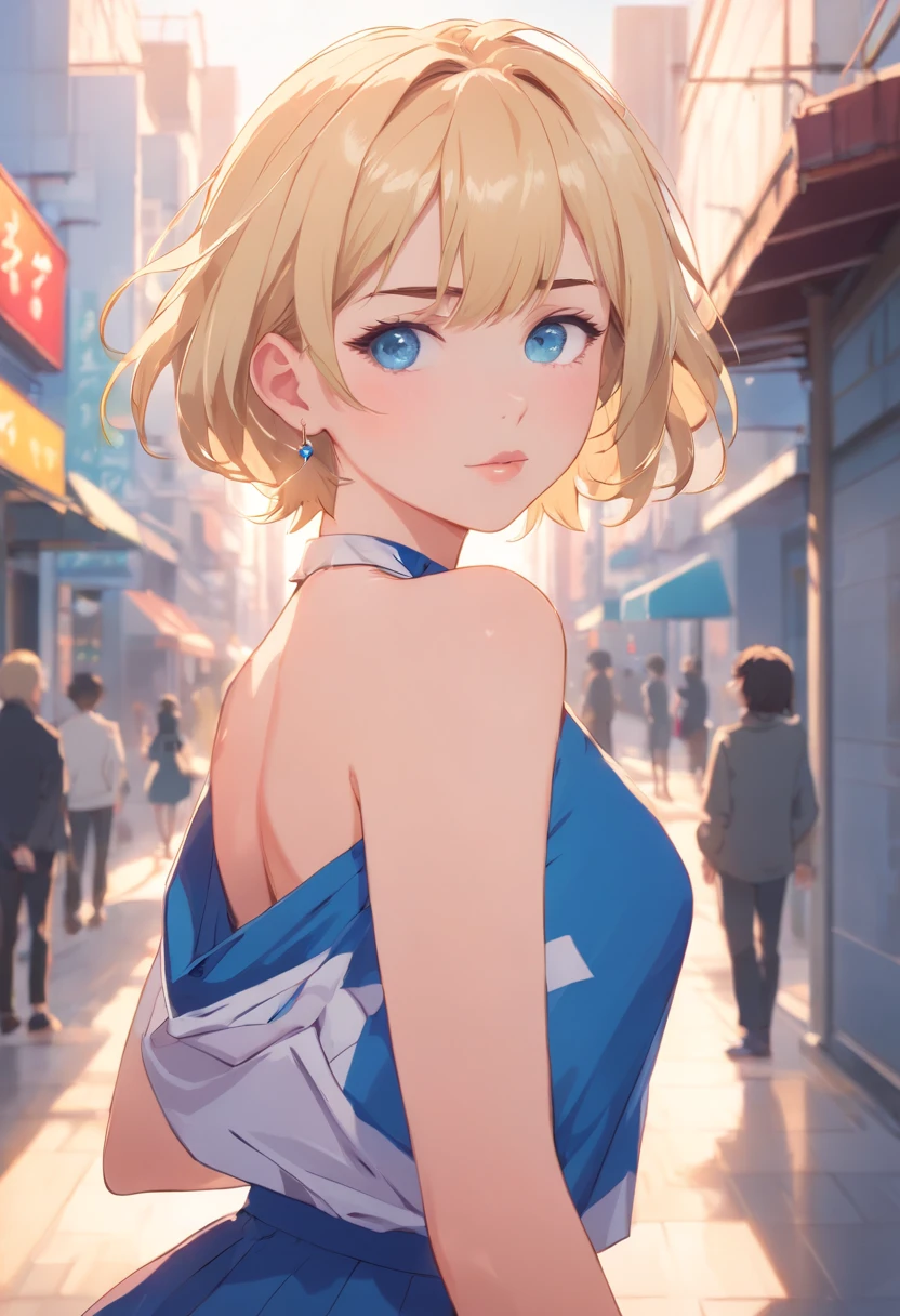 17 years old Women, ((Blonde)), ((Blue eyes)), ((Short hair)), ((Full shot)), very detailed makeup, pale pink lipstick, long earrings, bare shoulders, dressed like a tiger. Full body 