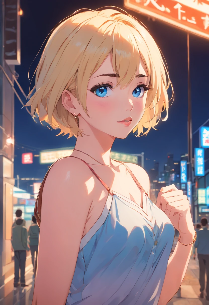  Women, ((Blonde)), ((Blue eyes)), ((Short hair)), ((Full shot)), very detailed makeup, pale pink lipstick, long earrings, bare shoulders, dressed like a tiger. Full body 