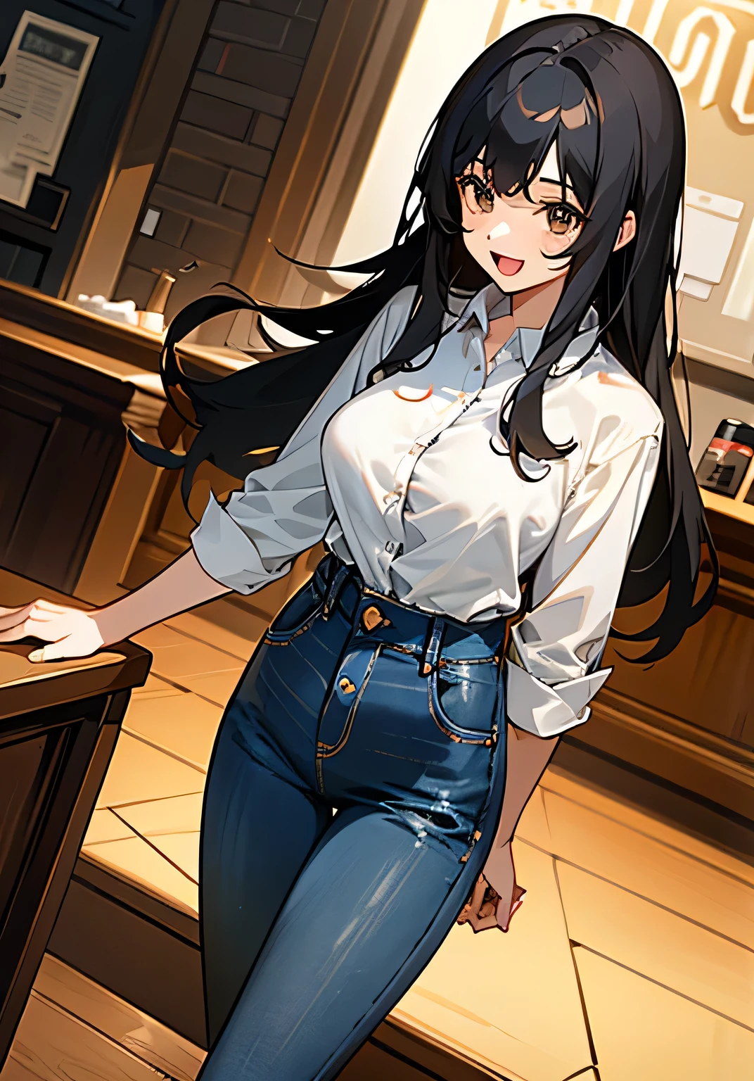 {best quality},Coffee shop、22-year-old female、Long Black Hair、bangs、Large beautiful breasts、button-down shirt、jeans、A fearless smile、Showing smartphone to camera、open-mouth、standing、cowboy shot、High angle