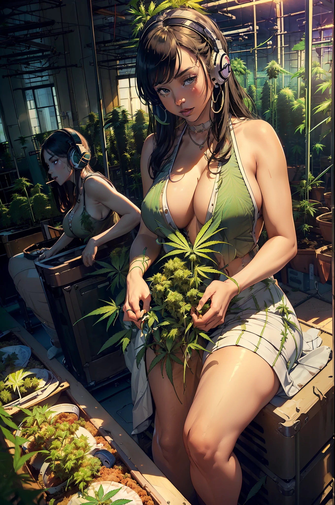 (NSFW, (((Masterpiece, High Quality, photograph-realistic))), (Glowing skin tones), (nfsw, 8K Wallpaper, High resolution), Detailed facial features, Realistic smoking effect, Lively expressions, Warm cinematic lighting, Dynamic shadows, Collaborative atmosphere, Three beautiful women: 1. Latina, 2. Nigerian, 3. White, (Professionally-dressed), (Smoking weed: 1.0), Seated on plush chairs, (Laughing), (Listening to music: 1.5), (Tending to a massive cannabis grow room: 1.5), Vibrant