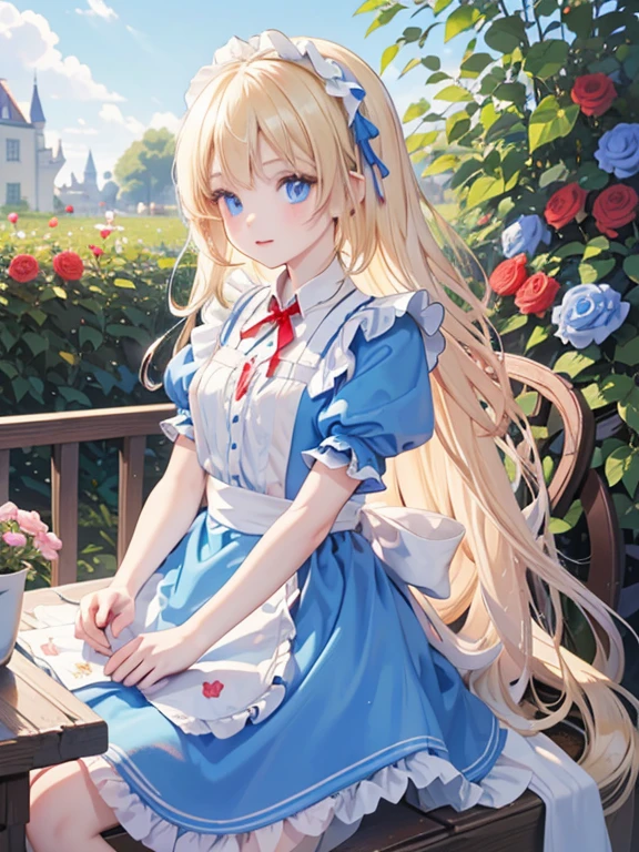 (8k, highest quality, Tabletop:1.2)、Gothic art、Alice in Wonderland, One ****************, Detailed face、blue eyes, Blonde, Red ribbon on head, Blue Dress, White apron, blue sky, garden, Red Rose, Trump&#39;s Soldiers