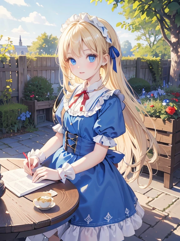 (8k, highest quality, Tabletop:1.2)、Gothic art、Alice in Wonderland, One ****************, Detailed face、blue eyes, Blonde, Red ribbon on head, Blue Dress, White apron, blue sky, garden, Red Rose, Trump&#39;s Soldiers