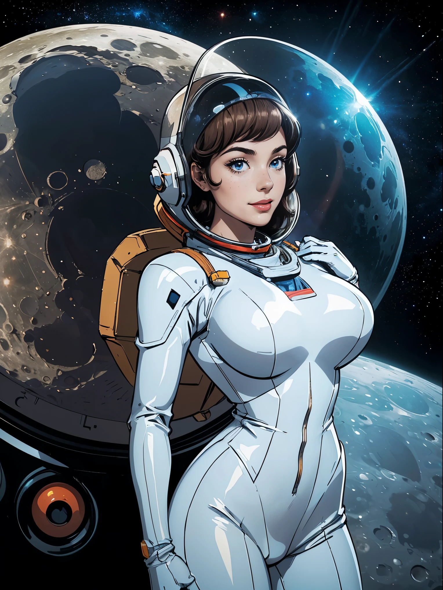(masterpiece, top quality, best quality, official art, beautiful and aesthetic:1.2), (1girl:1.3), light freckles, fair skin, extremely detailed, portrait, looking at viewer, solo, (full body:0.6), detailed background, close up, (bright space pinup theme:1.1), busty 1950's pinup brunette space girl, charlatan, smiling, happy, mysterious, spacewalk, modest attire, white and orange space suit, spacesuit, helmet, bodysuit, ray gun, long boots, pouches, jetpack, glass helmet, rocket ship, ((((on the moon, space helmet, narrow hips, slim sexy body, gigantic breasts)))), slim waist, slim hips, long legs, futuristic (American flag, lunar surface, on the moon, moon exterior:1.1) background, dark mysterious lighting, shadows, magical atmosphere, dutch angle,
