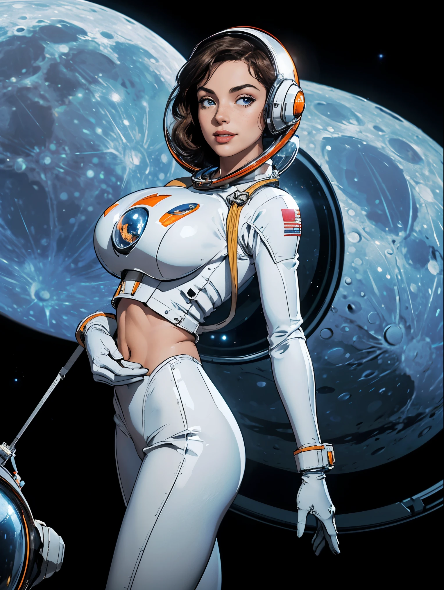 (masterpiece, top quality, best quality, official art, beautiful and aesthetic:1.2), (1girl:1.3), light freckles, fair skin, extremely detailed, portrait, looking at viewer, solo, (full body:0.6), detailed background, close up, (bright space pinup theme:1.1), busty 1950's pinup brunette space girl, charlatan, smiling, happy, mysterious, spacewalk, modest attire, white and orange space suit, spacesuit, helmet, bodysuit, ray gun, long boots, pouches, jetpack, glass helmet, rocket ship, ((((on the moon, space helmet, narrow hips, slim sexy body, gigantic breasts)))), slim waist, slim hips, long legs, futuristic (American flag, lunar surface, on the moon, moon exterior:1.1) background, dark mysterious lighting, shadows, magical atmosphere, dutch angle,