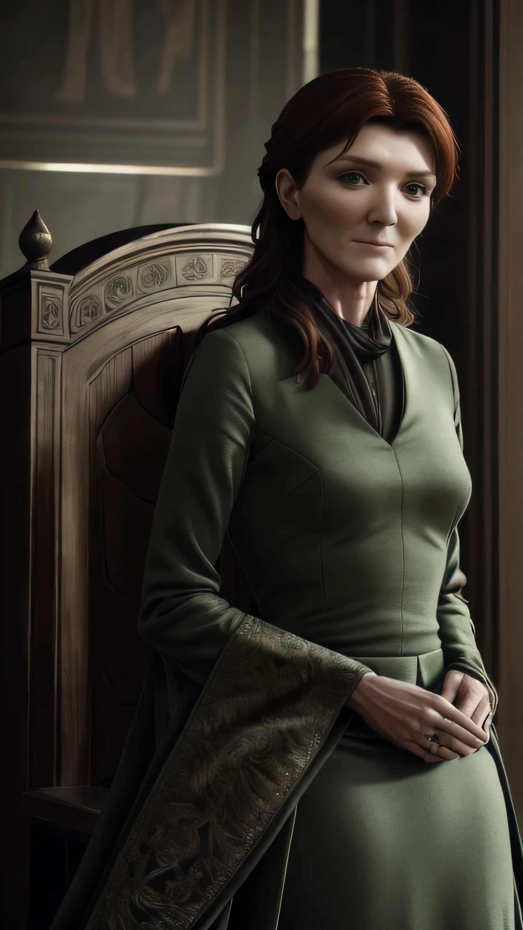 (Michelle Fairley) as Catelyn Stark, green velvet royal dress, standing, in a throne hall, (1woman), (solo), (full body view), beautiful detailed glow, detailed, cinematic light, intricate detail, realistic, highres, detailed facial features, high detail, sharp focus, smooth, aesthetic, extremely detailed, stamp, octane render