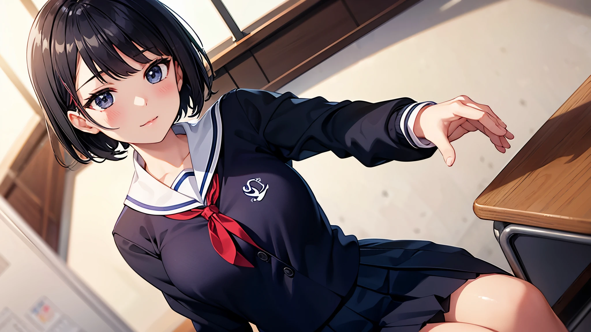 In the classroom、A girl with short black hair is posing while sitting at a desk。She is wearing a sailor uniform with a white blouse and a navy blue pleated skirt.、He has a red tie around his neck。The girl&#39;s expression is bright、In the background you can see a chalkboard and sunlight streaming through a window.。The classroom has a warm atmosphere、There is a heart-shaped decoration on the wall。