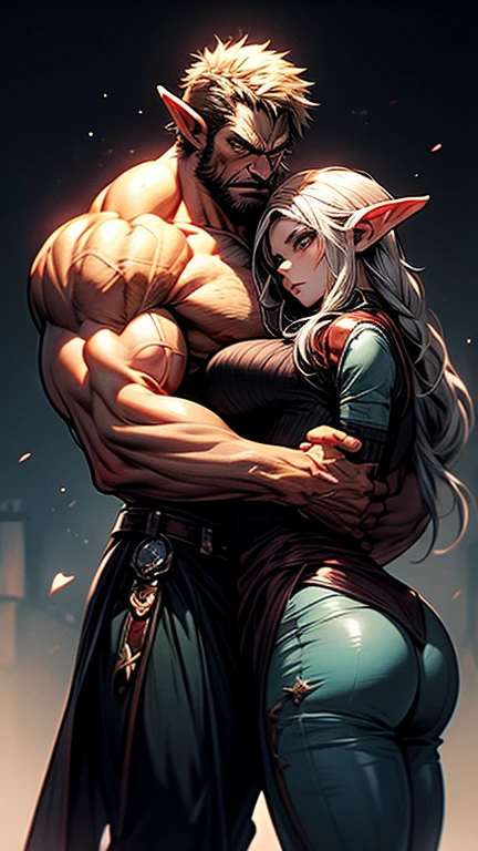 A muscular orc stands behind a graceful elf, hugs tightly, one hand covers his crotch, aesthetically beautiful erotically tempts seduces offers oneself