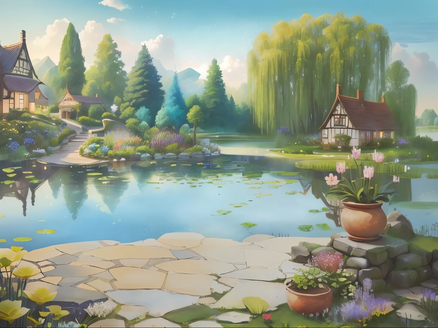 A picture with a pond、Painting of house and flower garden, Fairy tale style background, Garden Background, royal Garden Background, garden pond scene, background technologywork, 美丽的Garden Background, background technology, pond landscape, a small village with a lake, Fantasy Background, A beautiful artistic illustration, Beautiful lake background, Small lake, Beautiful fairy tale