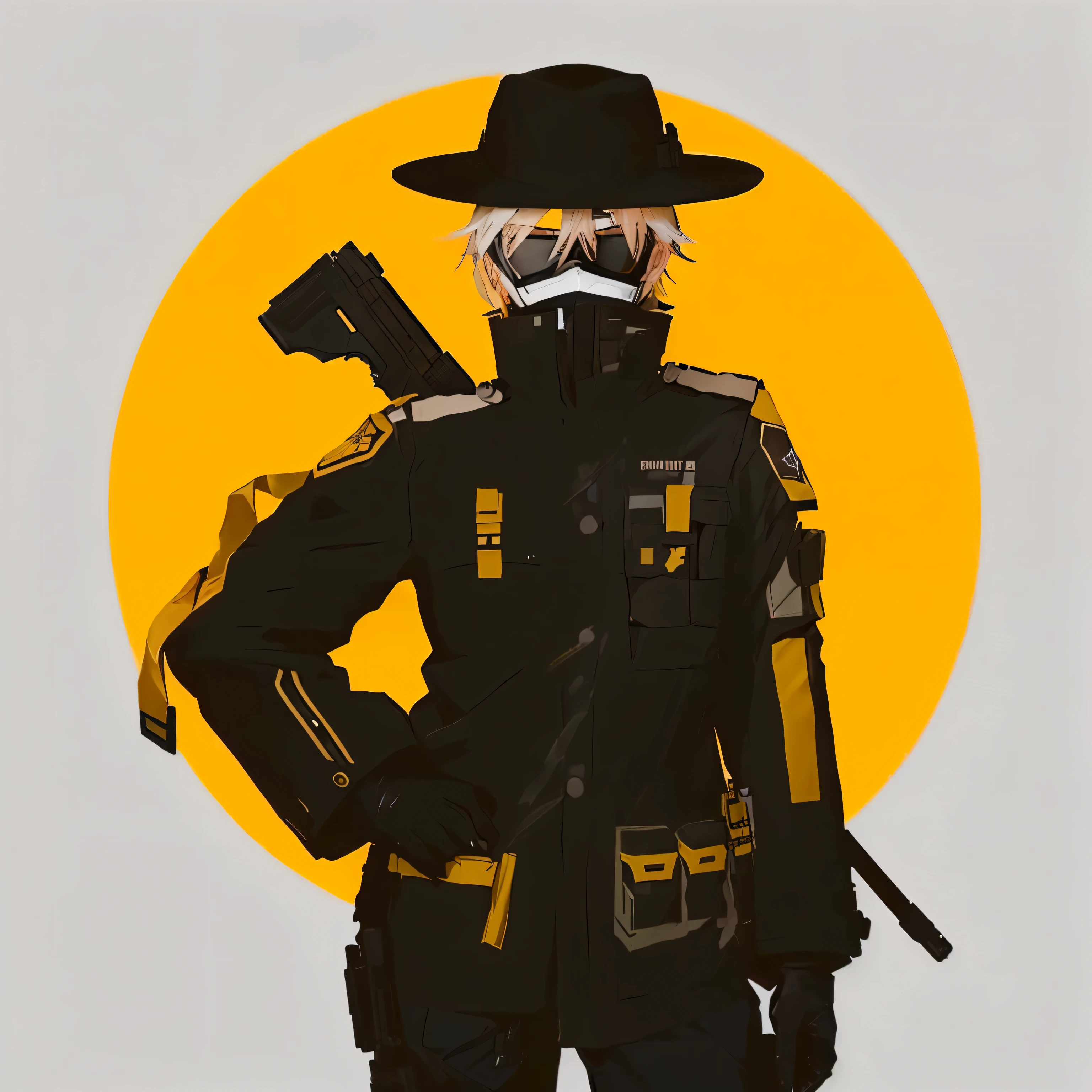 a cartoon of a man in a hat and jacket holding a gun, trigger anime artstyle, raiden metal gear, valorant character, from girls frontline, valorant style, sage ( valorant ), character design police man!!, 2 d anime style, omen from valorant, girls frontline style, jk uniform, best anime character design