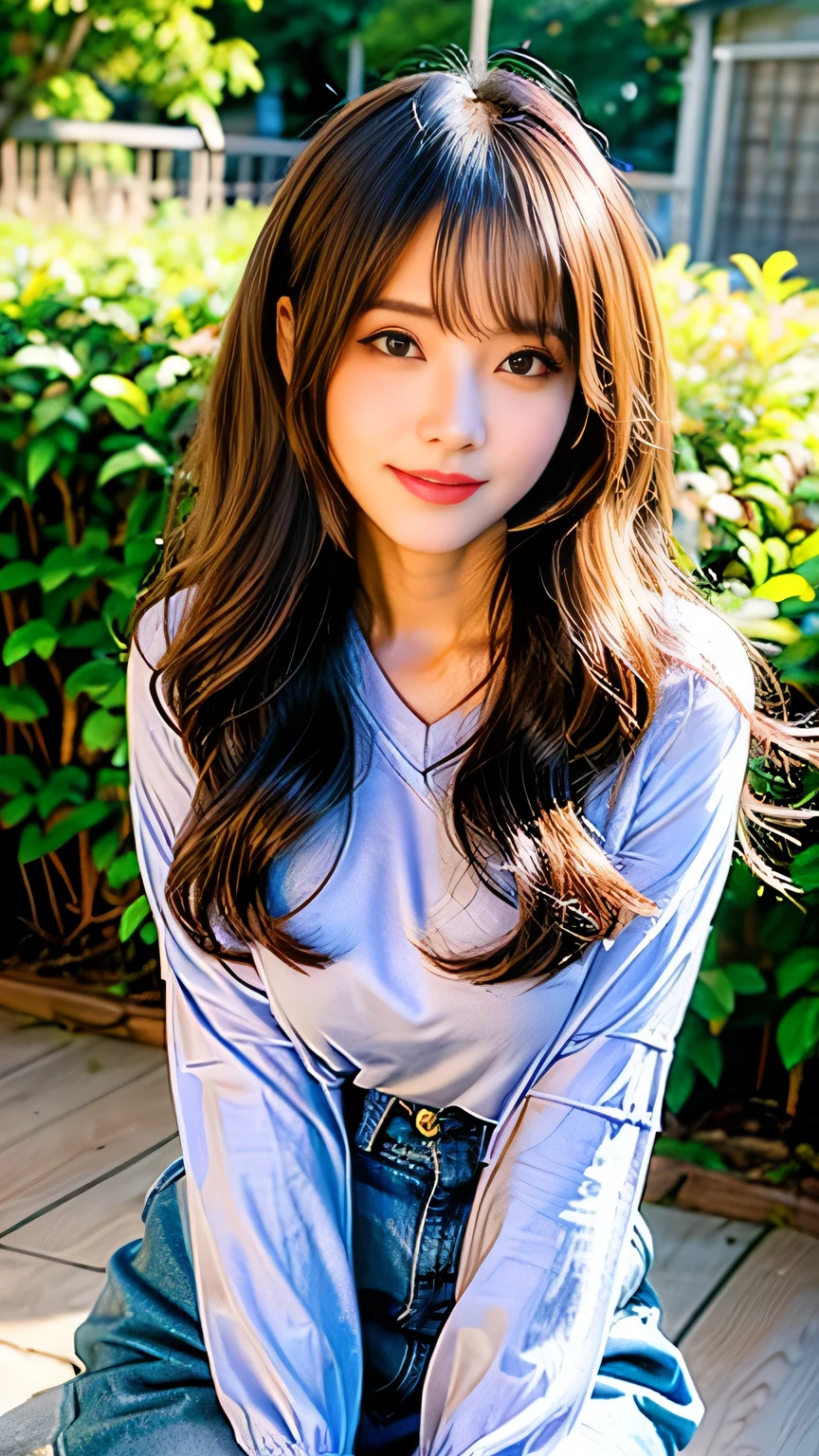 Full Body Angle、((highest quality, 8K, masterpiece: 1.3)), concentrated: 1.2, Cute girl 1,Nipples erect、 Perfect beauty: 1.4,Crisscross V-neck T-shirt, Casual summer short sleeve t-shirt: 1.2,Long sleeve、Randall Color、comics&Text Graphics、Black ruffle-trimmed drawstring zip blouse,1.1, Highly detailed face and skin textures, Fine grain, double eyelid, whitening skin, ,highest quality,Ultra-high resolution,you,1 girl,alone,_Shiny_skin,Iris,necklace,((Brown_length_Wavy_hair)),(lips)),eyelash,Front hair,deal with,compensate,Shiny,pore,skin texture,Large Breasts、smiling face、Front hair、garden、