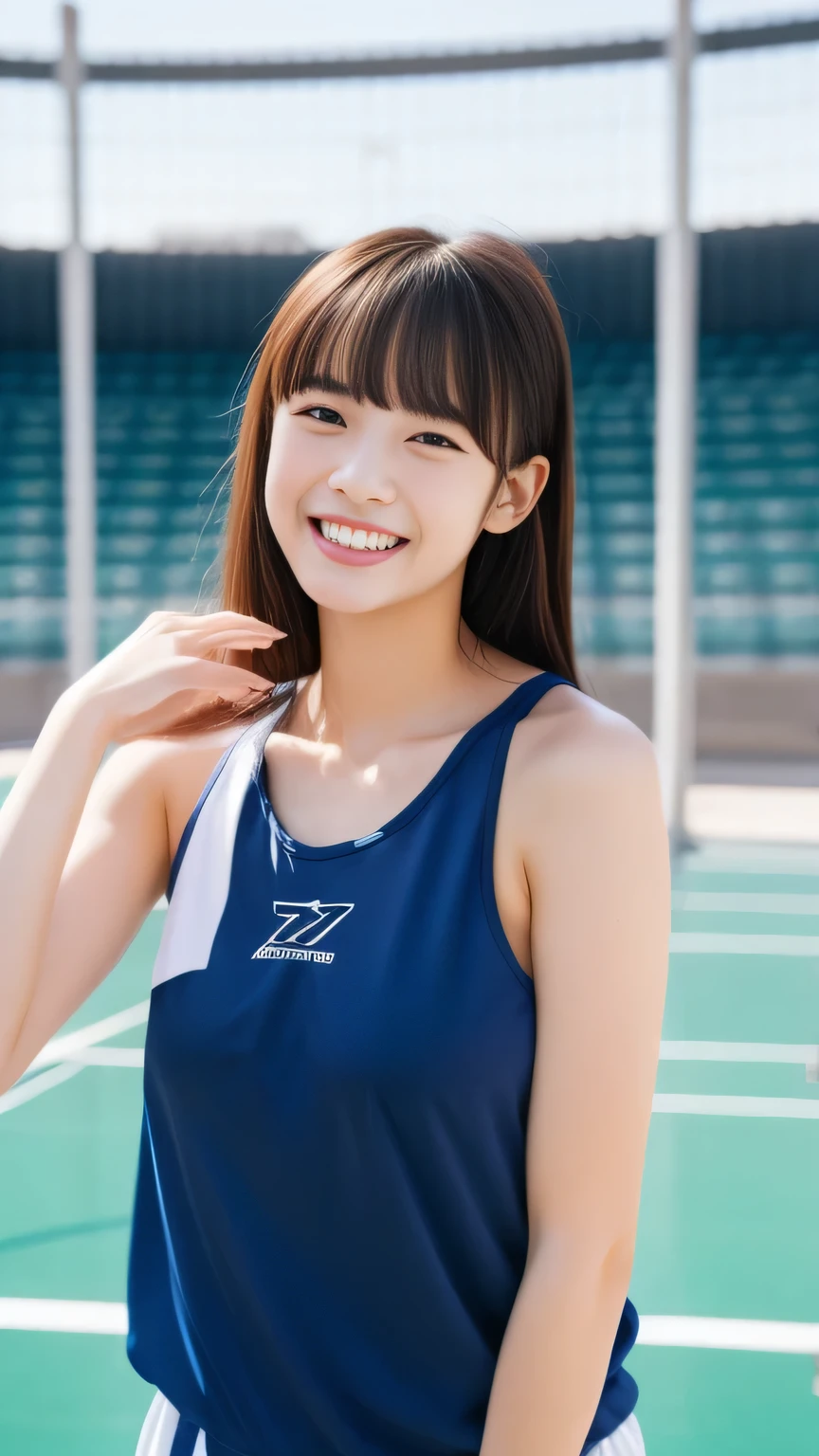Beautiful woman、18-year-old 、Full Body Shot、Sweat、Sportswear、Arena、bangs、Laughter