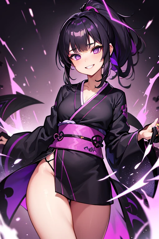 Girl, light skin, violet eyes, black medium hair, messy ponytail, violet kimono, psychotic smile