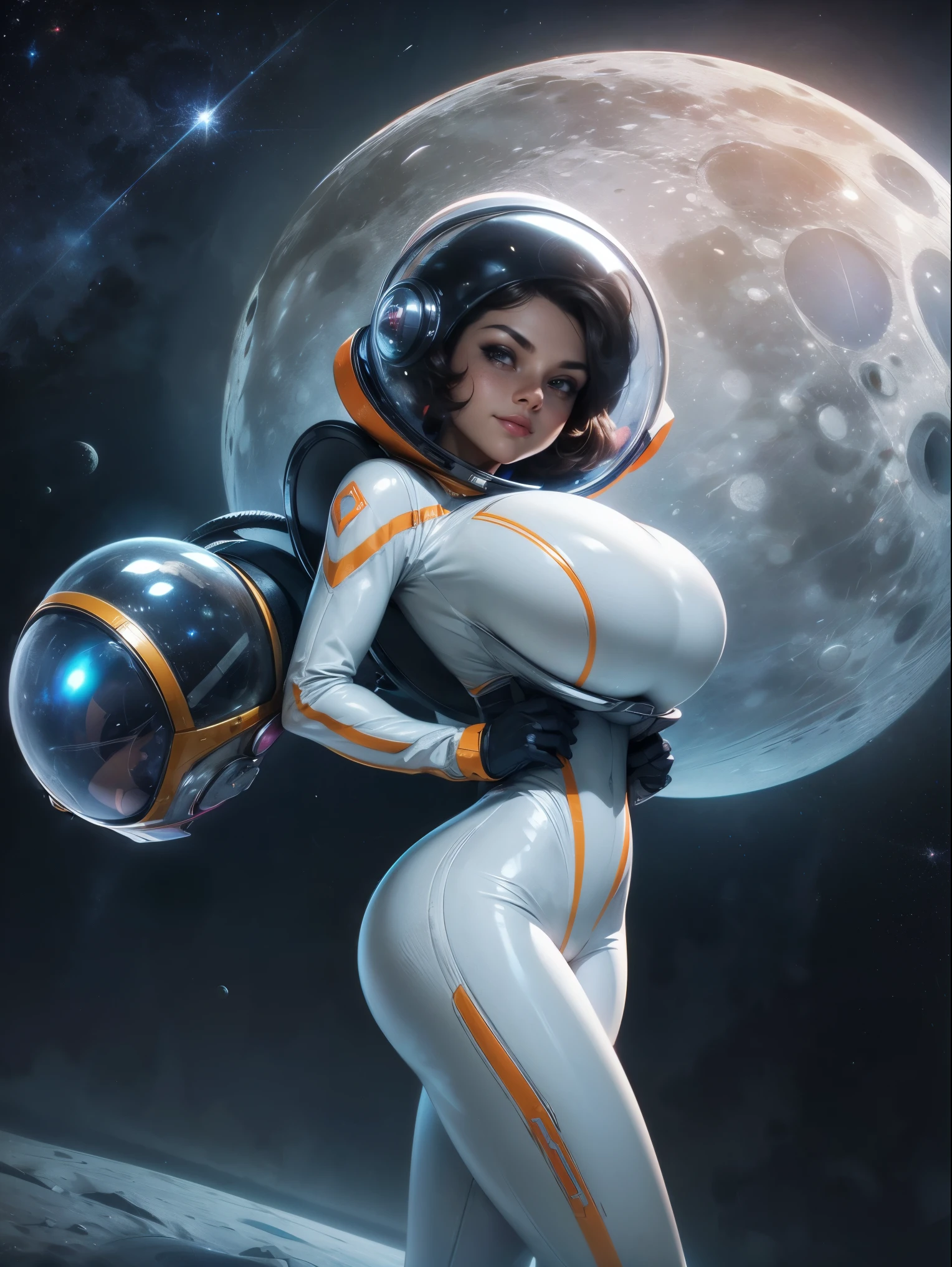 (masterpiece, top quality, best quality, official art, beautiful and aesthetic:1.2), (1girl:1.3), light freckles, fair skin, extremely detailed, portrait, looking at viewer, solo, (full body:0.6), detailed background, close up, (bright space pinup theme:1.1), 1950's pinup brunette space girl, charlatan, smiling, happy, mysterious, spacewalk, modest attire, white and orange space suit, spacesuit, helmet, bodysuit, ray gun, long boots, pouches, jetpack, glass helmet, rocket ship, ((((on the moon, space helmet, narrow hips, slim sexy y, gigantic breasts)im waist, slim hips, long legs, futuristic (American flag, lunar surface, on the moon, moon exterior:1.1) background, dark mysterious lighting, shadows, magical atmosphere, dutch angle,