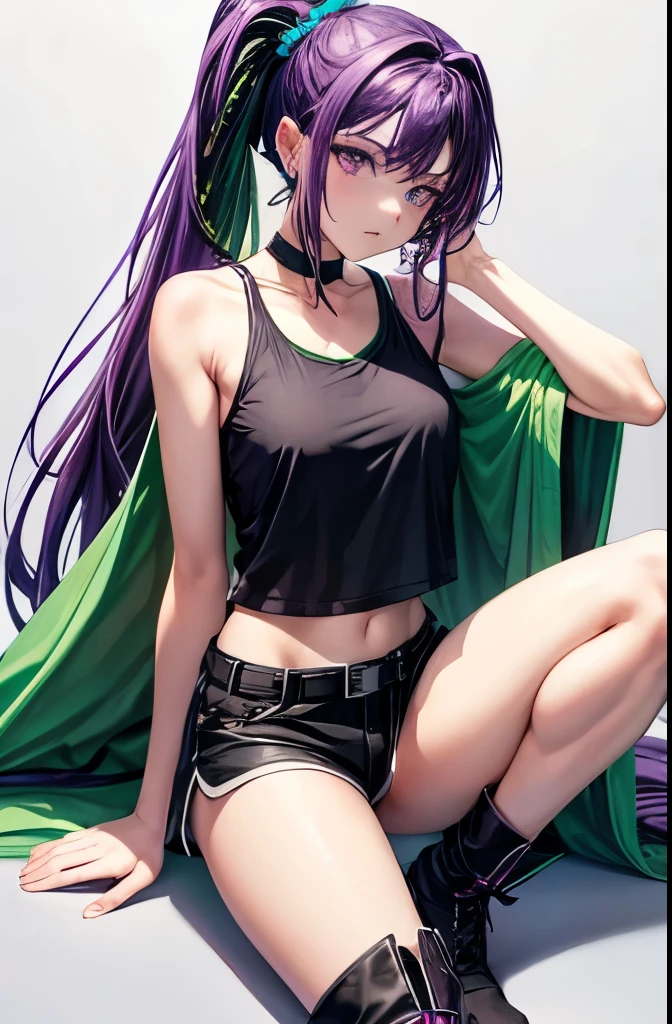 Martina,Purple eyes, Purple Hair, Very long hair, ponytail, Hair Scrunchie, Green choker, O-ring top, Tank top, No sleeve, West Cape, Black shorts, Green Zone, boots,fc portrait  