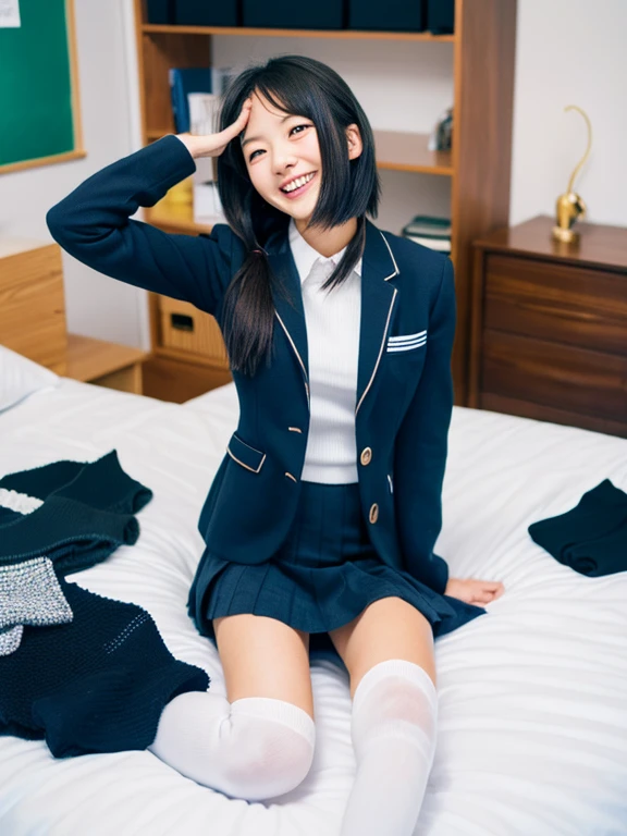 (masterpiece:1.2), super high quality, Japanese Girls, (Ultra-realistic), (Super Photography Style), One girl, Sexy 18 year old girl, Slender body, Thin thighs, (school uniform), In her room, Fashionable hairstyles, Laughter, Dark blue socks, White wall,