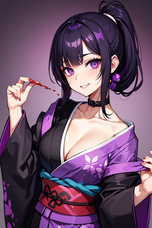 Girl, light skin, violet eyes, black medium hair, messy ponytail, violet kimono, psychotic smile, covered in blood