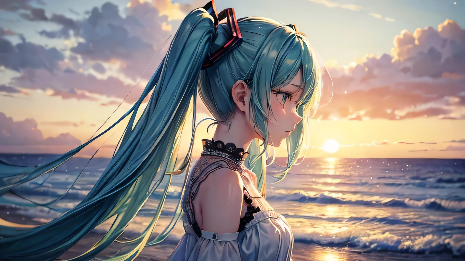 (oil, masterpiece, highest quality, Super detailed, Focus on the characters), Hatsune Miku,White dress,Sad profile,Detailed hair depiction,([return:0.8]|[ face facing returnwards:1.1]), ,([Coastal Sunset Scenario:1.2]|[ ground:1.3]| [High Contrast:1.1])  