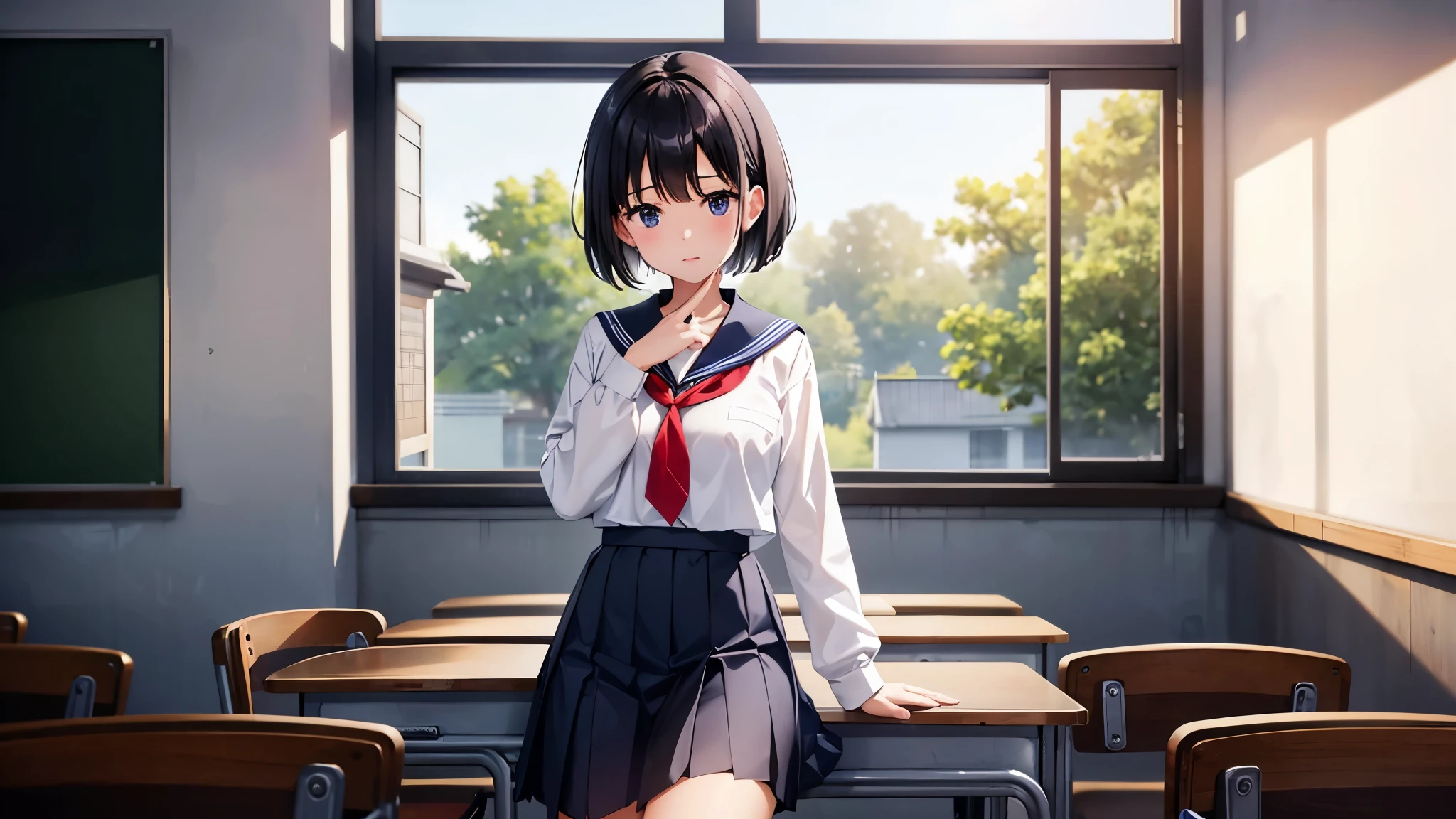 In the classroom、A girl with short black hair is posing while sitting at a desk。She is wearing a sailor uniform with a white blouse and a navy blue pleated skirt.、He has a red tie around his neck。The girl&#39;s expression is bright、In the background you can see a chalkboard and sunlight streaming through a window.。The classroom has a warm atmosphere、There is a heart-shaped decoration on the wall。