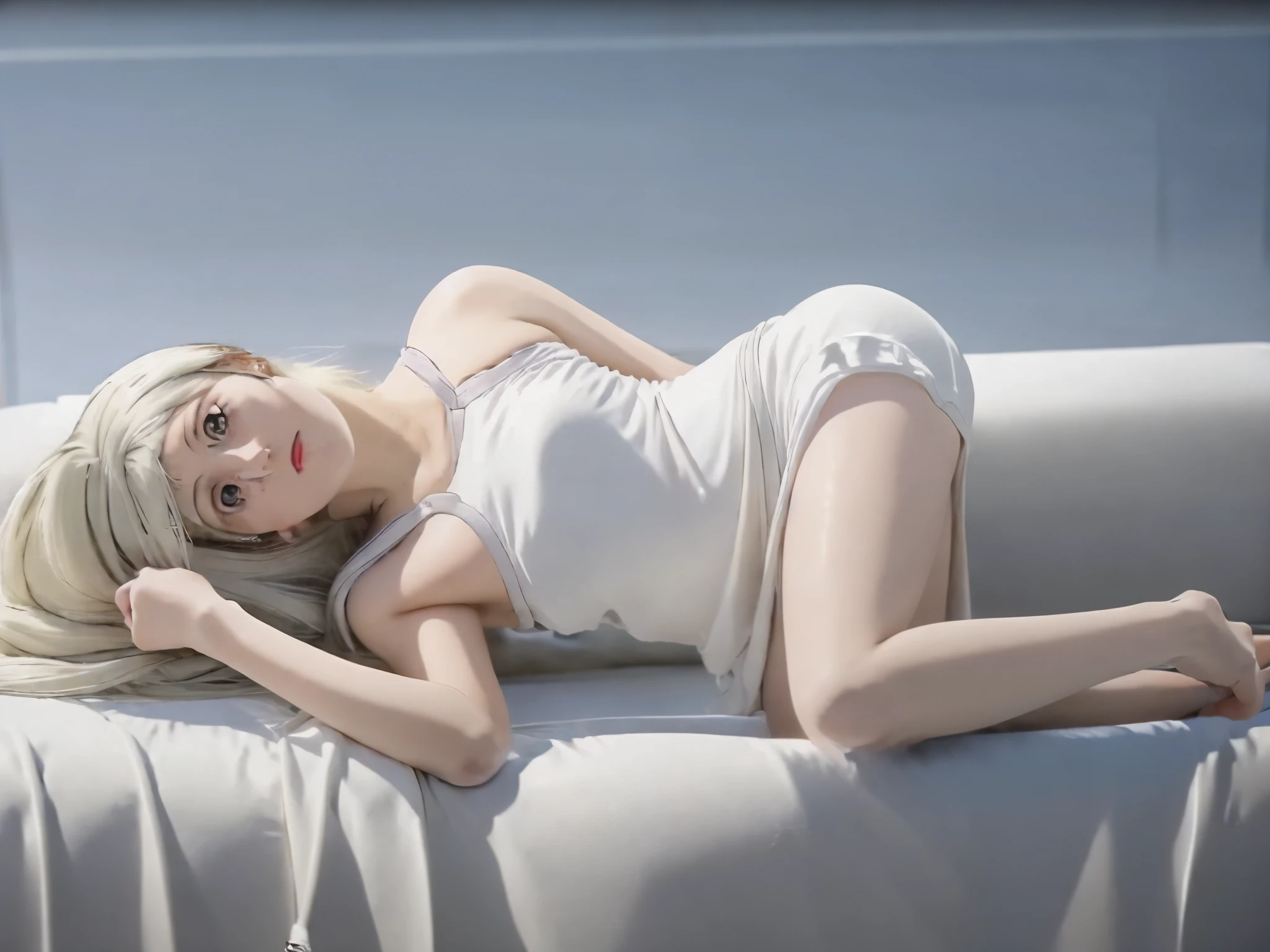 Close-up of a woman in a short skirt posing for a camera, White silk garment, Beautiful and charming anime woman, Interesting costumes, Japanese Goddess, Tifa Lockhart white hair, Attractive anime girl, Fair and shiny skin, Sakimichan, Anime Girl Cosplay, Popular on cgstation, Skin is smooth and white, guweiz, Sleek white skintight suit