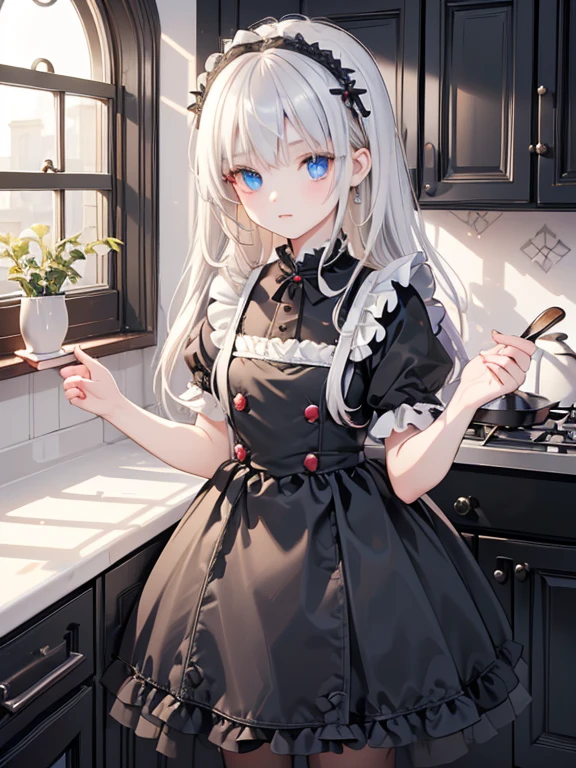 (8k, highest quality, Tabletop:1.2)、Gothic art、Two maids, (8--old l, Detailed face、blue eyes, Blonde, Black maid outfit), (12-yearld , Deted face、Red eyes, Silver Hair, Black maid outfit), Classical Western-style building, kitchen, Cooking