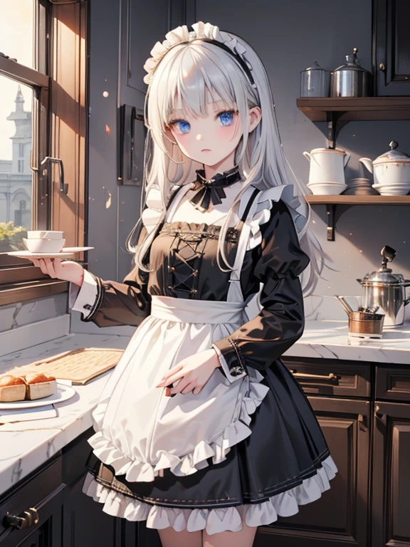 (8k, highest quality, Tabletop:1.2)、Gothic art、Two maids, (***************, Detailed face、blue eyes, Blonde, Black maid outfit), (****************, Detailed face、Red eyes, Silver Hair, Black maid outfit), Classical Western-style building, kitchen, Cooking