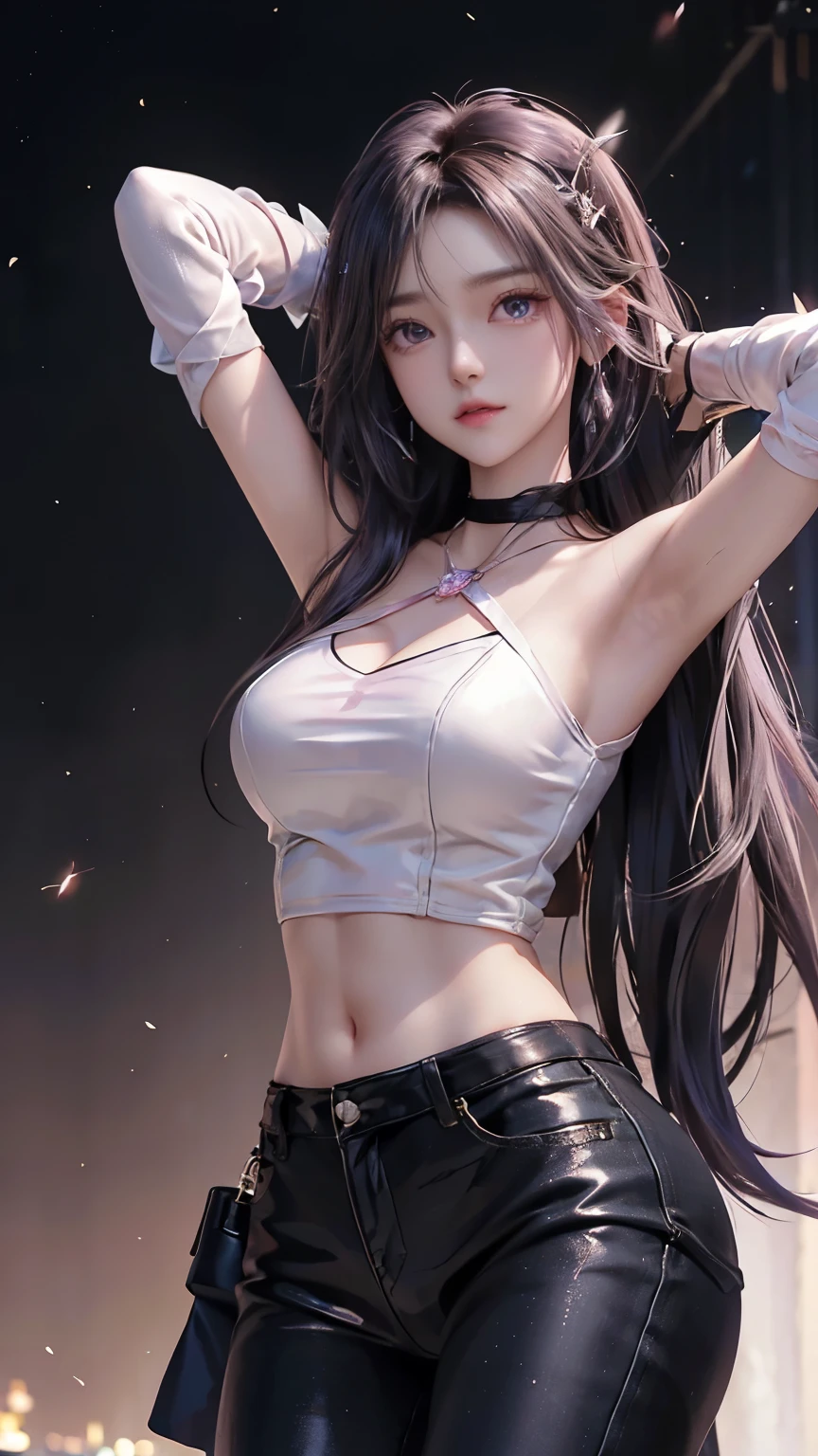 (Finest quality)),(A high resolution),(ultra-detailed art),(Meticulous portrayal),((Best Anime)),(Finest works of art),sharpness,Clear,Ultra-Precision Art,The art of astounding depiction,(masterpiece),
short Hair, purple hair, vibrant purple hair, extremely detailed hair, detailed bangs, with bangs, shoulder-length hair only,
pretty face, beautiful lips, soft lips,pretty face, close up face,serious face, pretty nose, beautiful nose,
pretty eyes, beautiful eyes, detailed eyes, perfect eyes, green eyes,
clear skin,white skin, soft skin, small bust, smooth skin,
korean girl, korean beauty, irene, red velvet irene,
tifa lockhart short hair,white crop top, white tank top, sports bra, suspenders, pleated miniskirt, black thighhighs, arm guards, elbow gloves, fingerless gloves,
standing, cool pose, full body, whole body,show navel, show neck,
super low-angle shot, no background,looking at camera,