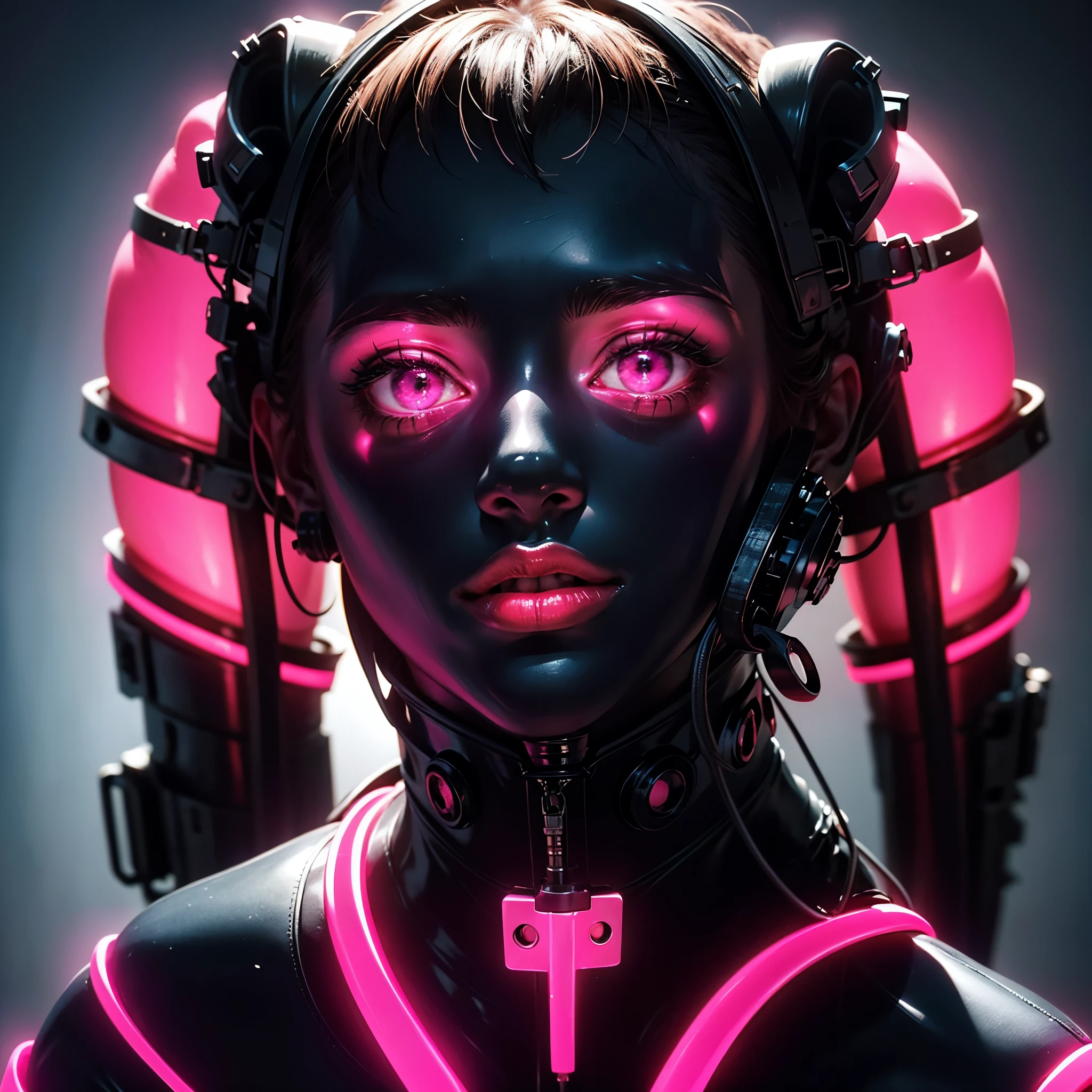 a very beautiful and very thin girl, wears pink underwear with tights and latex face mask. Dark room with only PINK neon lighting. Viele Details, extremely realistic. good quality, 8k
