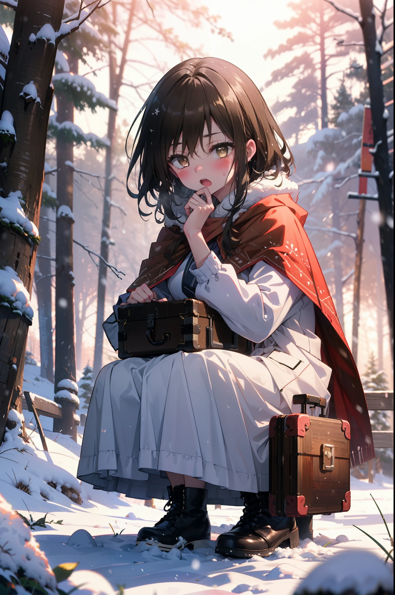 yuikotegawa, Yui Kotegawa, Black Hair, (Brown eyes:1.5),blush,White Breath,
Open your mouth,snow,Ground bonfire, Outdoor, boots, snowing, From the side, wood, suitcase, Cape, Blurred, having meal, forest, White handbag, nature,  Squat, Mouth closed, Cape, winter, Written boundary depth, Black shoes, red Cape break looking at viewer, Upper Body, whole body, break Outdoor, forest, nature, break (masterpiece:1.2), highest quality, High resolution, unity 8k wallpaper, (shape:0.8), (Beautiful and beautiful eyes:1.6), Highly detailed face, Perfect lighting, Extremely detailed CG, (Perfect hands, Perfect Anatomy),