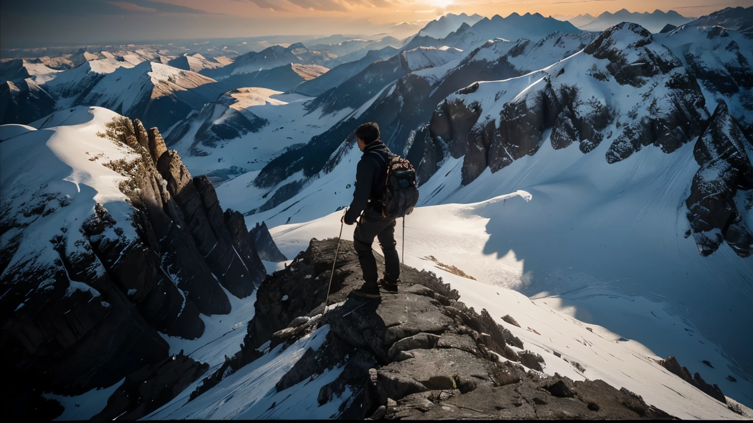 Produces high-resolution images with a high degree of detail and cinematic style, A work depicting a man lost in thought while climbing to the top of a towering mountain.. Men should be depicted in dynamic poses, Showing effort and determination in the journey to reach the summit. His expression is determined, introspective, And perhaps a hint of fatigue, Day々Reflecting the struggles of life. Mountains should be depicted with rugged terrain and steep cliffs., Highlighting the difficult challenges ahead. Take advantage of advanced textures and lighting effects、It conveys the harshness of the environment and the emotional depth of the man&#39;s journey.。. The overall feel of the image should convey resilience., endure, and a relentless pursuit of personal growth..
