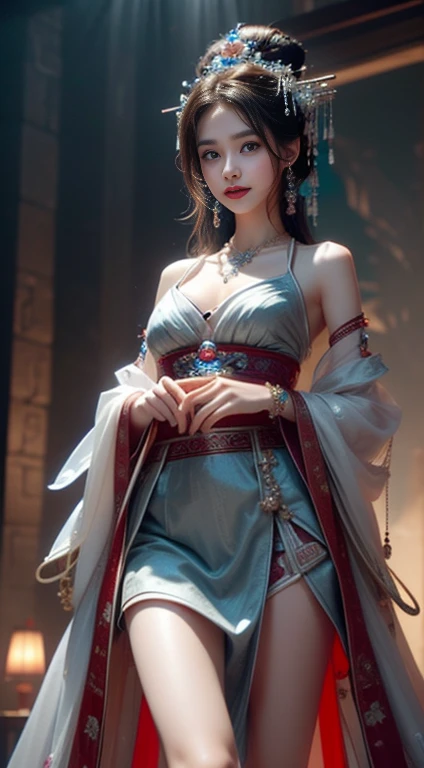  ((whole body)), ((From below)), ((gufeng,Bare shoulders)), ((The skirt is very short)),((leakage)), Clear face, Pretty Face, 8k, masterpiece, original photo, best quality, detail:1.2,lifelike, detail, Very detailed, CG, Unite, wallpaper, Depth of Field, lamp, lens flare, Ray Tracing, (Extremely beautiful face, Beautiful lips, beautiful eyes), complicated, detail的脸, ((ultra detailed skin)), 1 girl, in the darkness, Deep Shadow, Beautiful Korean girl, Hallyu idol,(Very slim figure:1.3), Full breasts,((，Cleavage)) Slender sexy legs, Elegant Posture, (A bright smile), (City night, (霓虹lamp), (night), Beautiful Korean girl, White Diamond Earrings, Bracelet diameter, Deya Necklace, Clear eyes, Facing forward, (big eyes)