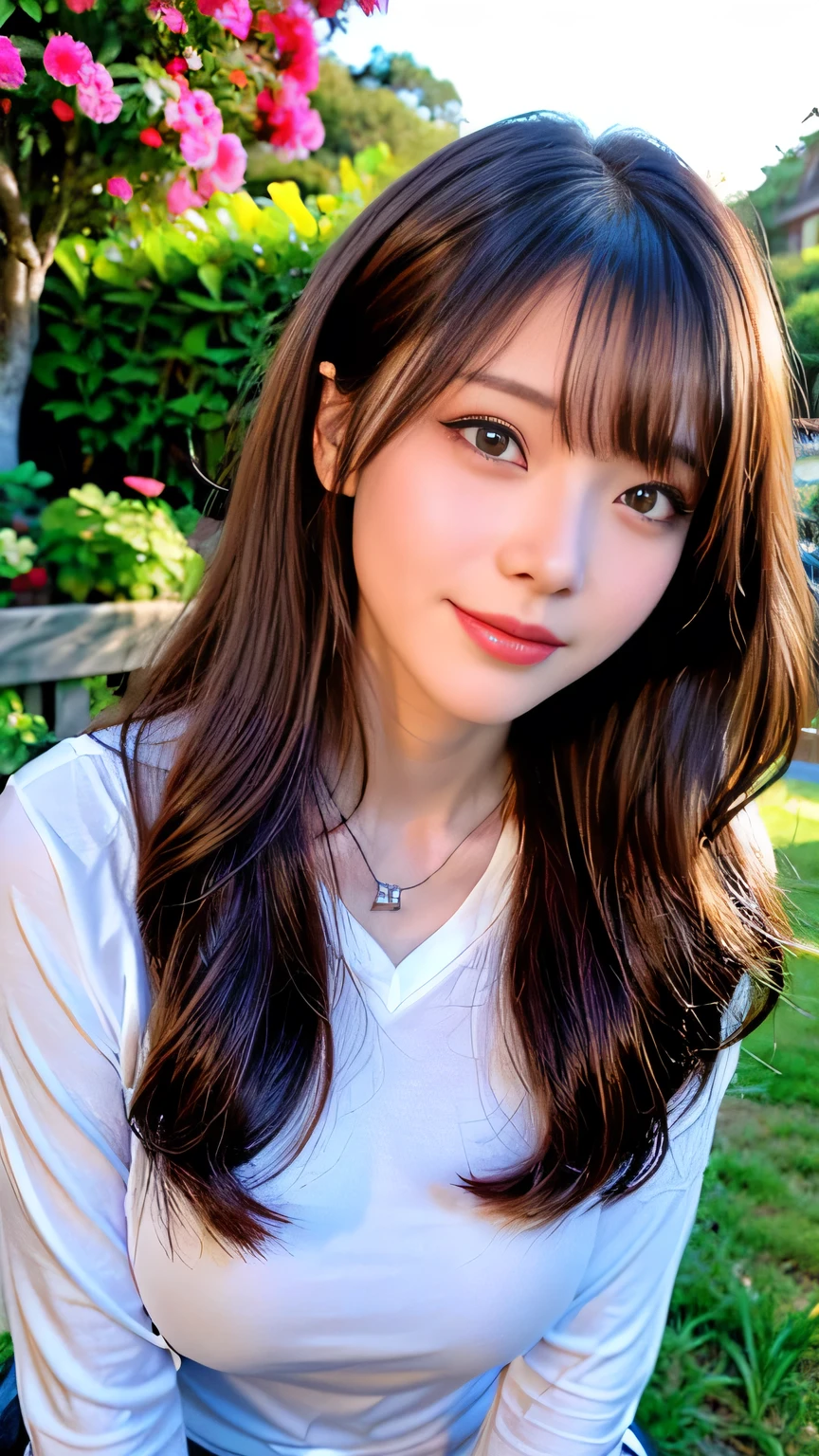 Full Body Angle、((highest quality, 8K, masterpiece: 1.3)), concentrated: 1.2, Cute girl 1,Nipples erect、 Perfect beauty: 1.4,Crisscross V-neck T-shirt, Casual summer short sleeve t-shirt: 1.2,Long sleeve、Randall Color、comics&Text Graphics、Black ruffle-trimmed drawstring zip blouse,1.1, Highly detailed face and skin textures, Fine grain, double eyelid, whitening skin, ,highest quality,Ultra-high resolution,you,1 girl,alone,_Shiny_skin,Iris,necklace,((Brown_length_Wavy_hair)),(lips)),eyelash,Front hair,deal with,compensate,Shiny,pore,skin texture,Large Breasts、smiling face、Front hair、garden、