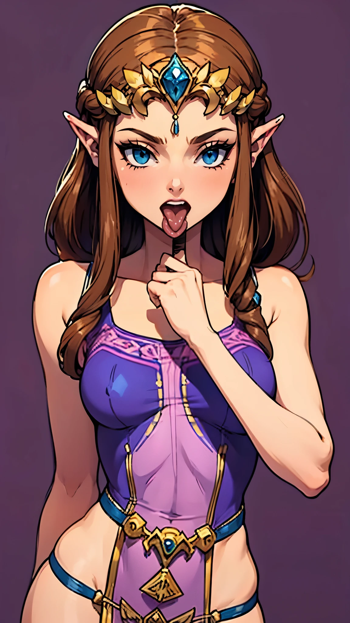 8K high quality, high accuracy, princess zelda, beautiful figure, beautiful face, twilight princess, beautiful, bright, highlights in eyes, small ears, brown hair, beautiful line drawing. Open mouth, tongue sticking out, purple background, blue eyes, head only depicted,