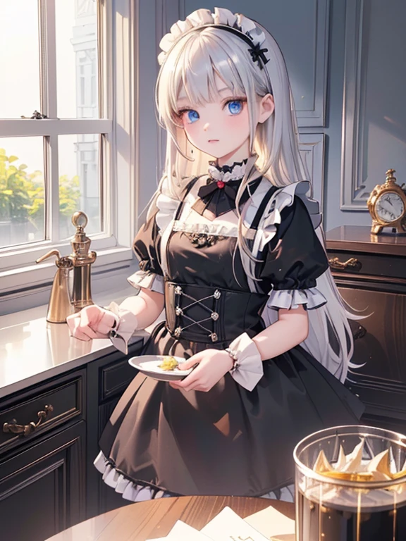 (8k, highest quality, Tabletop:1.2)、Gothic art、(Two maids, (8-year-old girl, Detailed face、blue eyes, Blonde, Black maid outfit), (12-year-old girl, Detailed face、Red eyes, Silver Hair, Black maid outfit)), Classical Western-style building, kitchen, Cooking