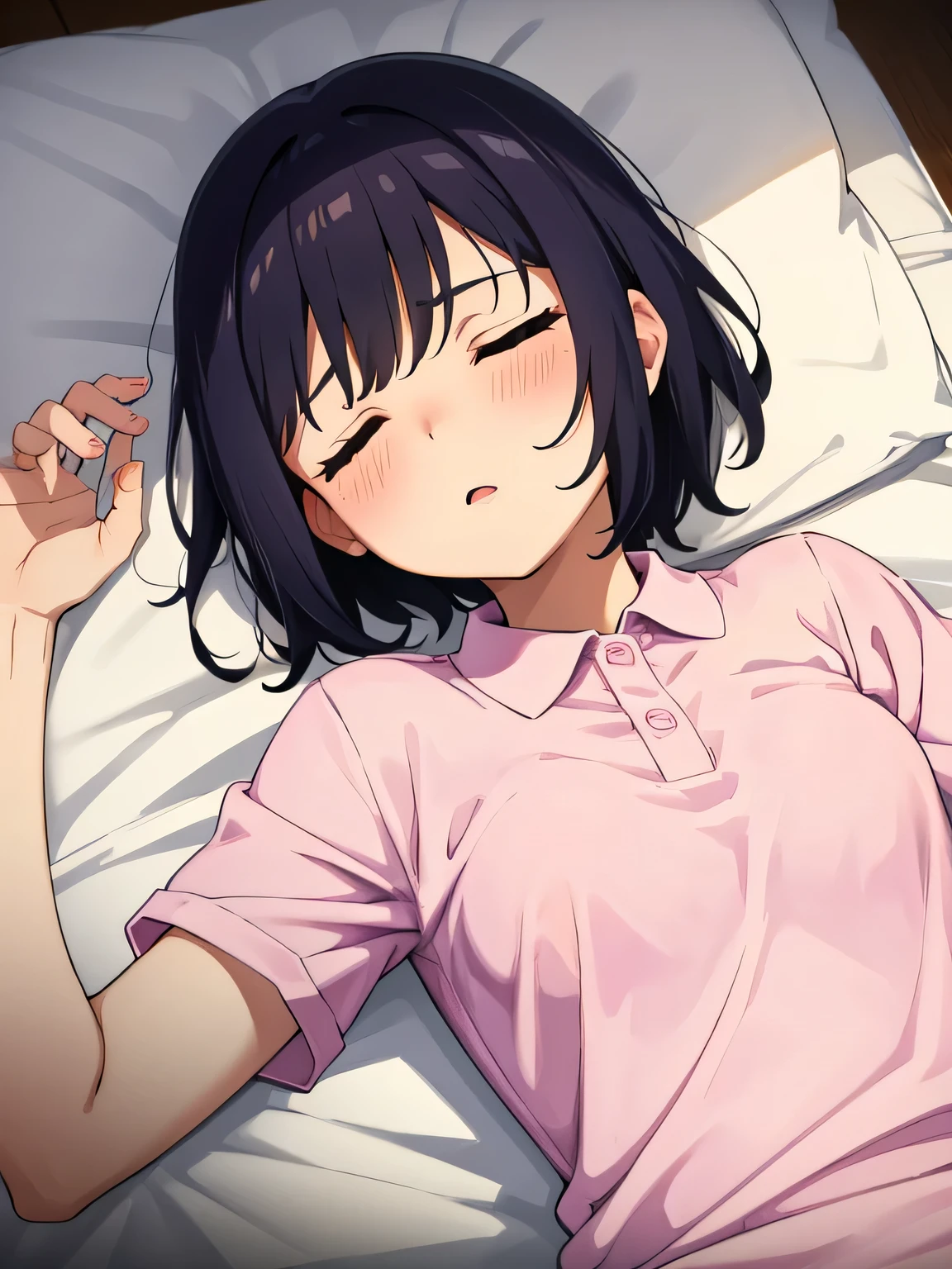 1. Beautiful woman in a pink polo shirt, short hair, Small breasts,Black Hair, Hospital Beautiful Cute High Quality Sleeping in bed Sexy