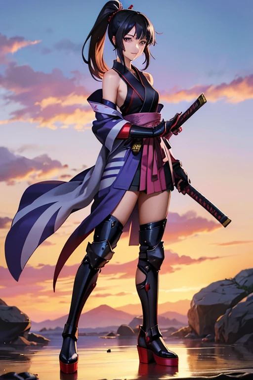 Anime Art、Full body portrait、Shadowrun Samurai、A woman, about 155cm tall and about 28 years old, wearing a purple kimono and red hakama, standing in a Iai stance、Short medium ponytail black hair、Smiling、Eyes without highlights、Flat chest、gloves、Platform boots、Arm guard