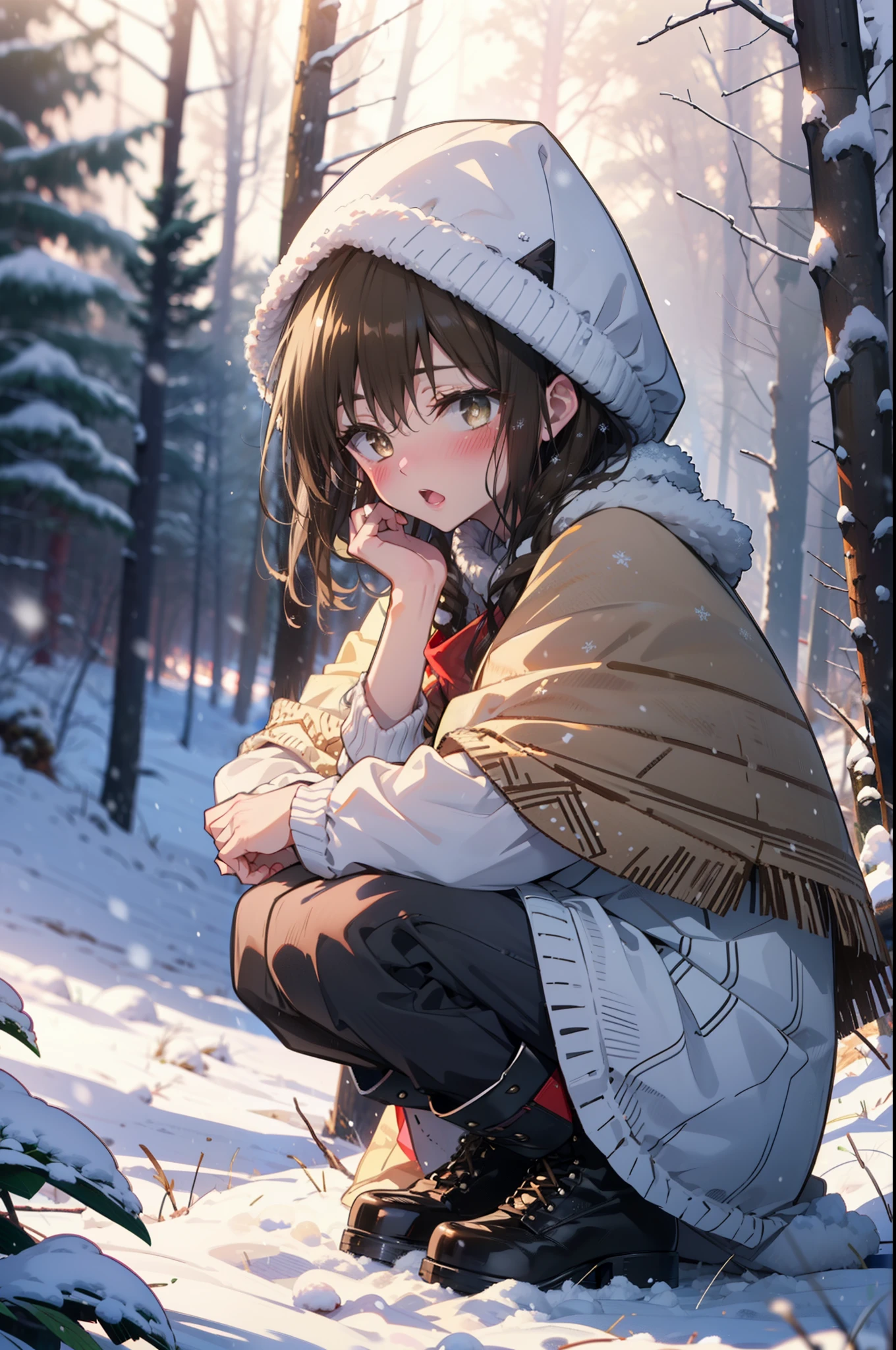 yuikotegawa, Yui Kotegawa, Black Hair, (Brown eyes:1.5),blush,White Breath,
Open your mouth,snow,Ground bonfire, Outdoor, boots, snowing, From the side, wood, suitcase, Cape, Blurred, having meal, forest, White handbag, nature, Squat, Mouth closed, Cape, winter, Written boundary depth, Black shoes, red Cape break looking at viewer, Upper Body, whole body, break Outdoor, forest, nature, break (masterpiece:1.2), highest quality, High resolution, unity 8k wallpaper, (shape:0.8), (Beautiful and beautiful eyes:1.6), Highly detailed face, Perfect lighting, Extremely detailed CG, (Perfect hands, Perfect Anatomy),