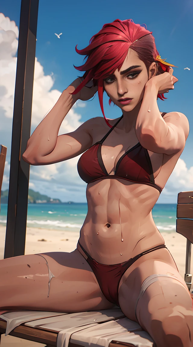 (masterpiece, Best quality, shiny skin), We from arcane, We, Red hair, short hair (Red bikini,), sunny day, nude body, bare long legs, подWeшки, лежит на sun loungerе, sun lounger, hands behind your head, Tans, wound, coming, sweating, Higher, split, (keen eyes, perfect face and body), (Smooth skin, wet skin)