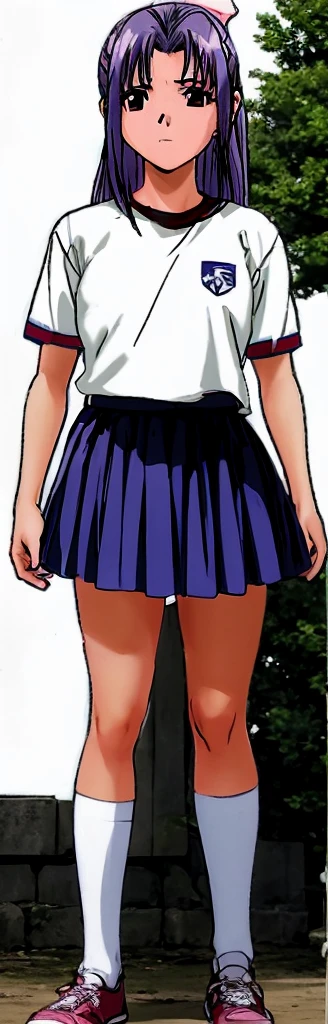 Momoko Koigakubo, a tall girl with beautiful legs, is standing with her legs apart in a white gym uniform and a light-colored navy blue bloomer that looks like panties.。Doing the Komaneci pose with both hands。