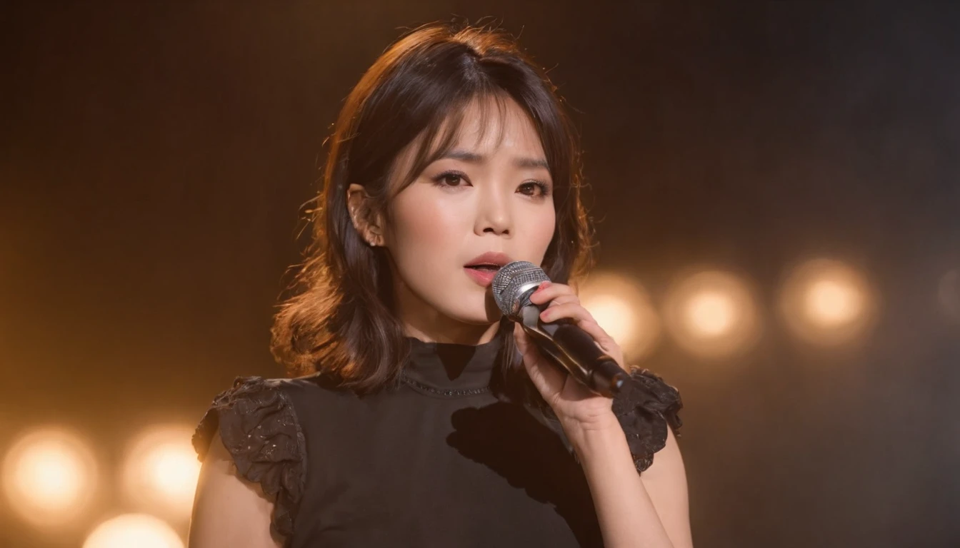 japanese female pop singer around 1980's, powerful image, detailed, 30-year-old, japanese beautiful, woman, with tears in eyes singing with a microphone, at concert, proud, hopeful, medium hair, bob cut, shiny hair, curly hair, black hair, brown eyes, wheatish skin, stocky, wiry, looking at viewer, serious look, ultra realistic photo, headshot