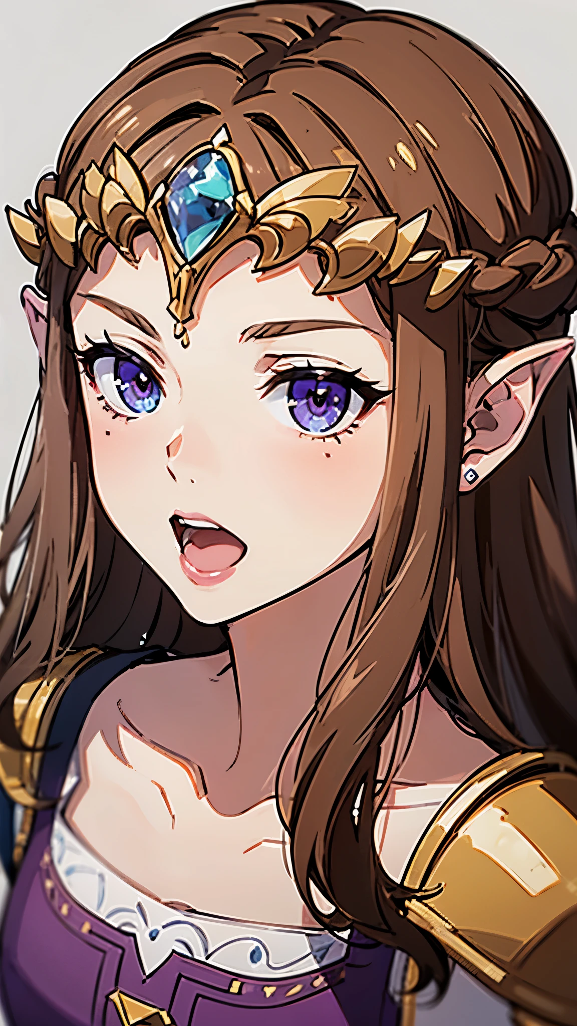 8K high quality, high accuracy, princess zelda, beautiful figure, beautiful face, twilight princess, beautiful, bright, highlights in eyes, small ears, brown hair, beautiful line drawing. Open mouth, tongue sticking out, purple background, blue eyes, head only depicted,